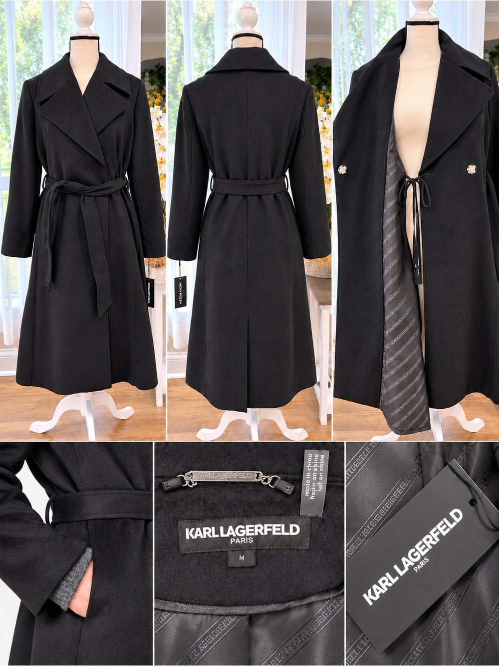 Karl Lagerfeld Black Wool-Blend Belted Trench Coat Sz.M